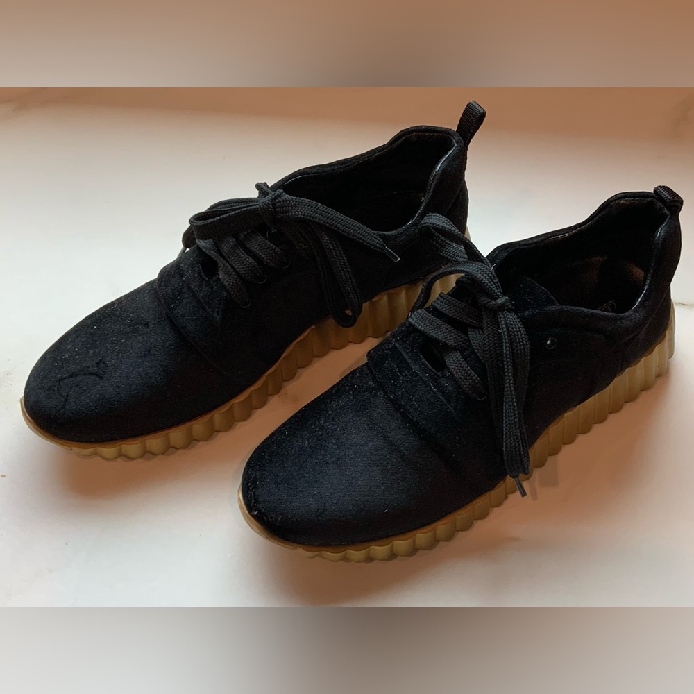 Salvatore Ferragamo Black Suede Sneakers with Tan Ridged Sole